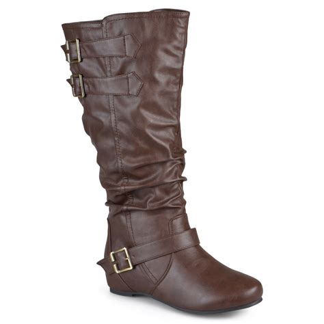 Women S Extra Wide Calf Buckle Slouch Low Wedge Boots