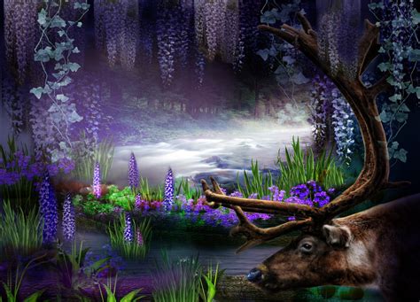 Download Forest Deer Purple Artistic Fantasy HD Wallpaper by roserika