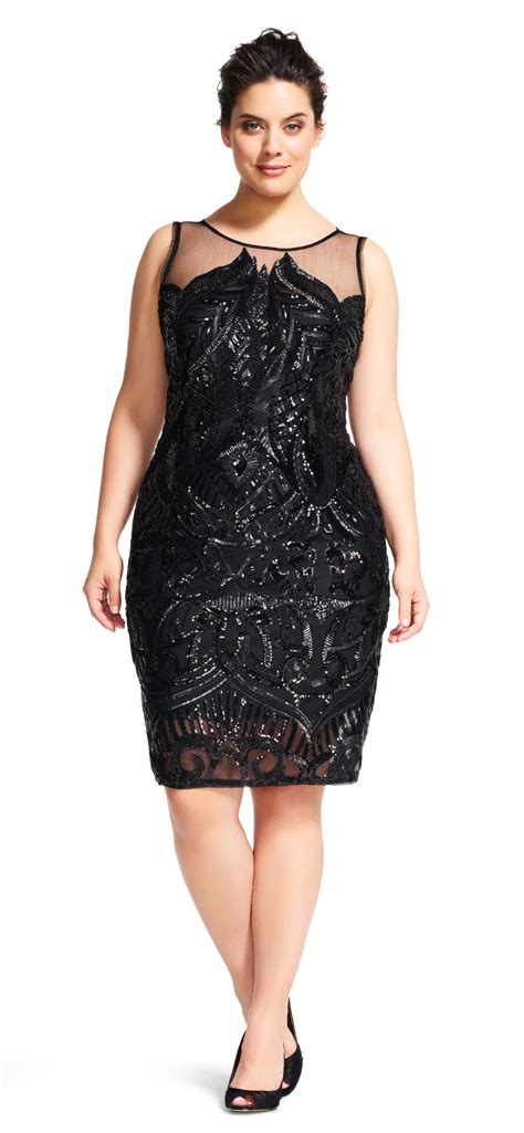 Adrianna Papell Black Sequin Embroidered Cocktail Dress With Illusion