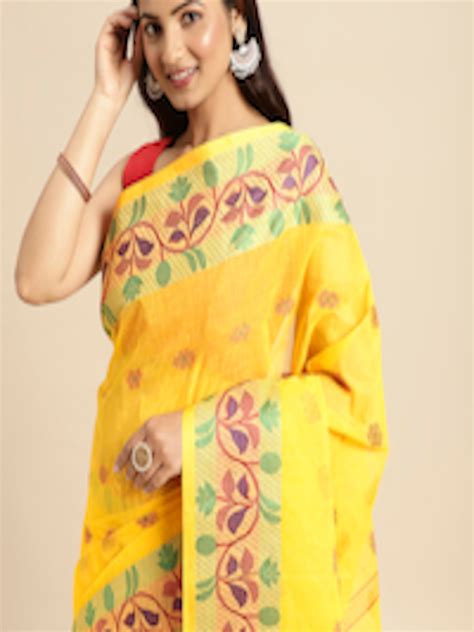 Buy DESH BIDESH Yellow Ethnic Motifs Pure Cotton Taant Saree Sarees