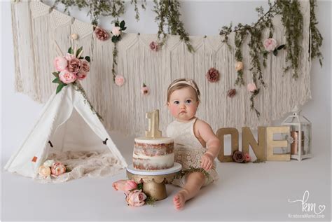 Boho St Birthday Cake Smash Session With Flowers Tepee And Macrame