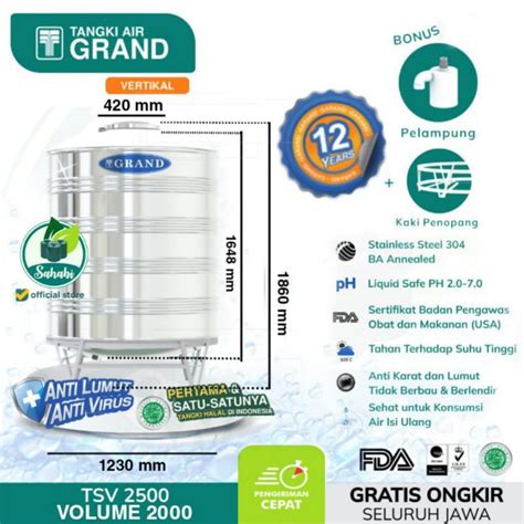 Jual Tandon Air Tangki Air Toren Air Stainless Grand TSV 2500 Anti