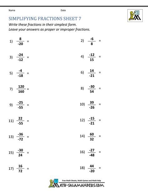 Simplifying Fractions Worksheet