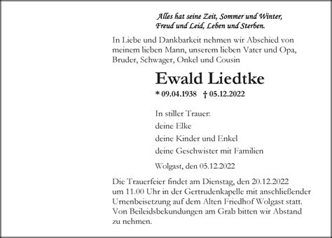 Traueranzeigen Von Ewald Liedtke Trauer Anzeigen De