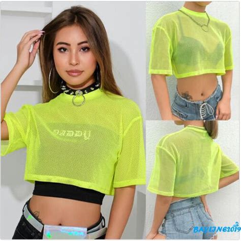 Us Women Mesh Sheer Short Sleeve Crop Tops Blouse Casual See Through Shirt Shopee Malaysia