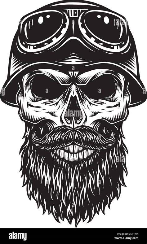 Concepto de biker de calavera con diseño de barba vintage con casco y