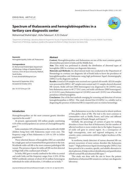 Pdf Spectrum Of Thalassemia And Hemoglobinopathies In A Tertiary Care Diagnostic Center