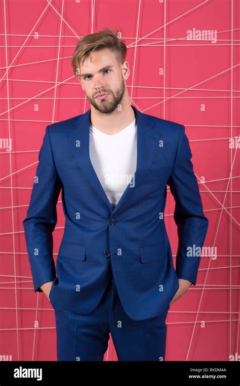 Man Well Groomed Manager Wear Elegant Formal Suit Pink Background