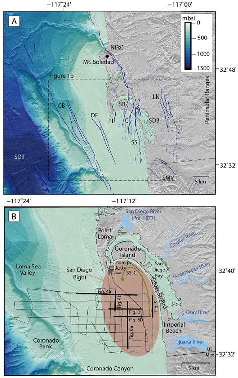 Maps Showing Faults Features And Survey Lines In The San Diego Bight