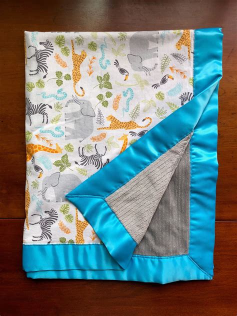 Jungle Animals Minky Baby Blanket Satin Edge Blue And Grey Etsy Baby