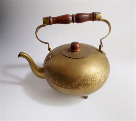 Vintage Brass Teapot Footed Etched Floral Made In India