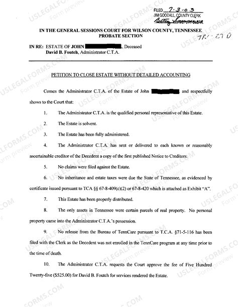 Tennessee Petition To Close Estate Without Detailed Accounting | US