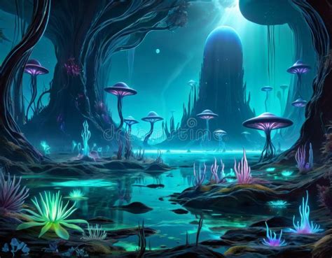 Enchanted Alien Forest With Bioluminescent Flora Stock Image Image Of