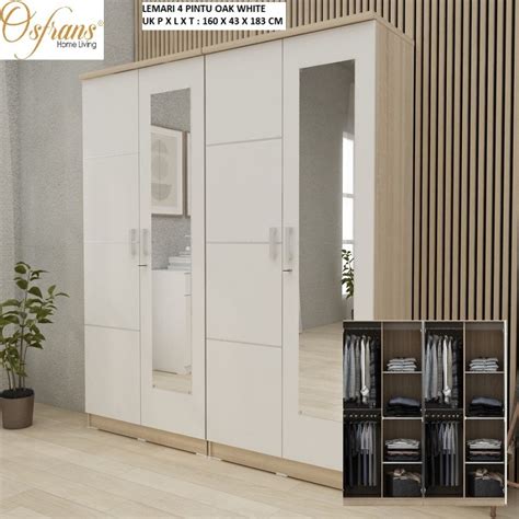 Jual Lemari Pakaian 4 Pintu Putih Modern Minimalis 2 Cermin 4 Laci