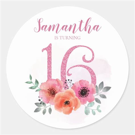 Sweet 16 Birthday Pink Watercolor Floral Glitter Classic Round Sticker