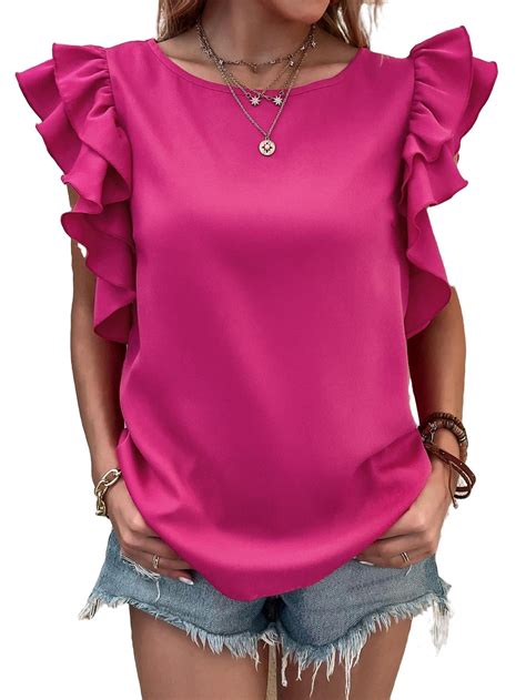 Womens Blouses Solid Round Neck Blouse Hot Pink L