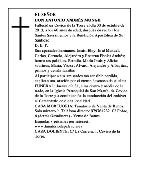 Don Antonio Andrés Monge Esquela Necrológica El Norte de Castilla