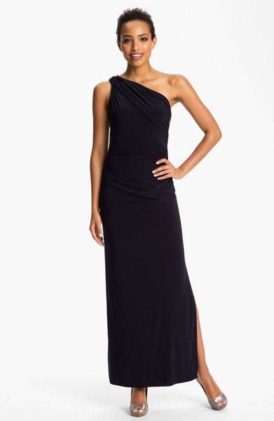 Betsy And Adam One Shoulder Shirred Jersey Gown In Blue Navy Lyst