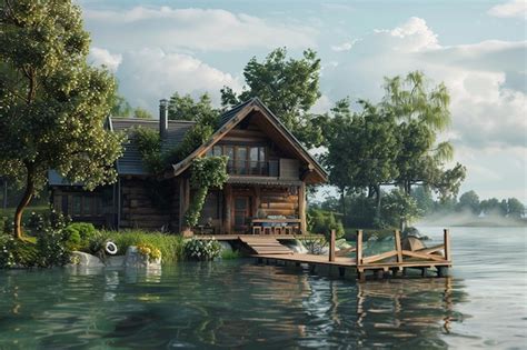 Premium Photo | A tranquil lakehouse with a wooden dock extending