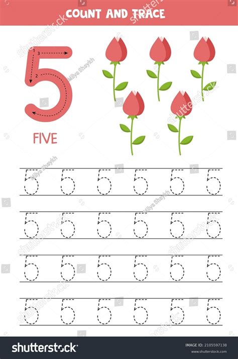 Vektor Stok Tracing Number Five Preschool Valentine Worksheet Tanpa