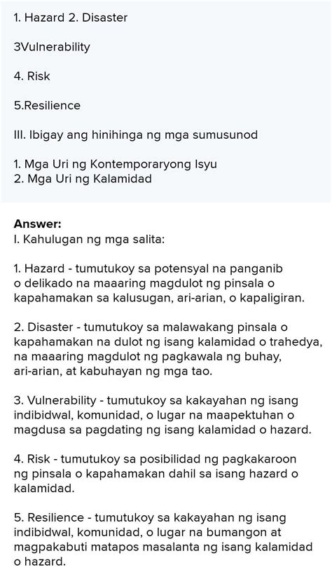 II Ibigay Ang Kahulugan Ng Mga Sumusunod 1 Hazard 2 Disaster