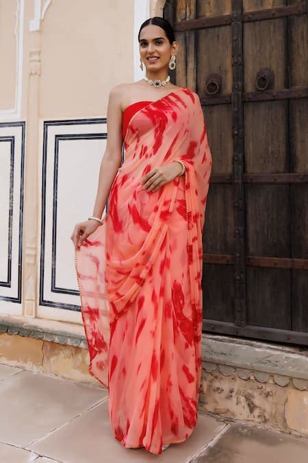 Buy Peach Saree Chiffon Dyed Shibori With Unstitched Blouse Fabric For