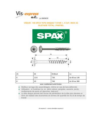 Spax Vis charpente tête disque Inox A2 8X200 Filetée sur 80 TORX T40