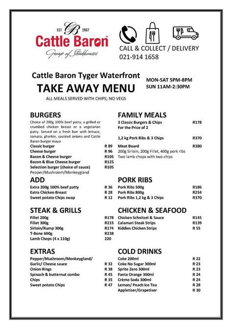 Menu At Cattle Baron Tyger Waterfront Cape Town Shops 5 8