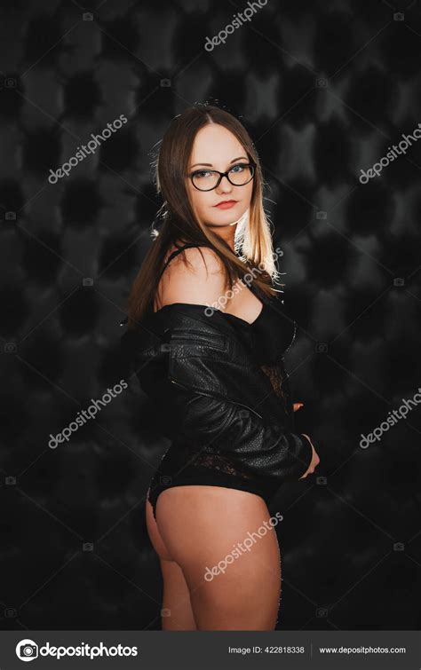 Sexy Woman Black Lingerie Posing Isolated Black Background Stock