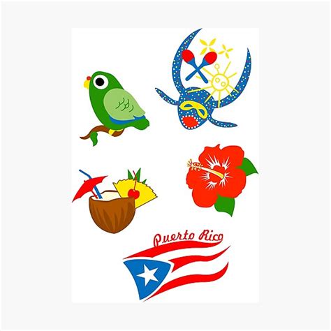 Set Of Stickers Symbols Puerto Rico Flag Pina Colada Parrot Hibiscus Mask Photographic Print