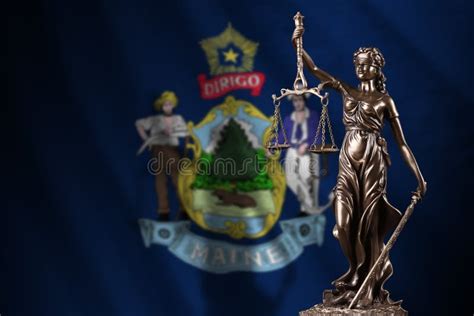 Maine Us State Flag With Statue Of Lady Justice And Judicial Scales In