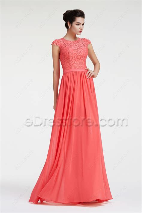 Lace Chiffon Modest Coral Bridesmaid Dresses Cap Sleeves EDresstore