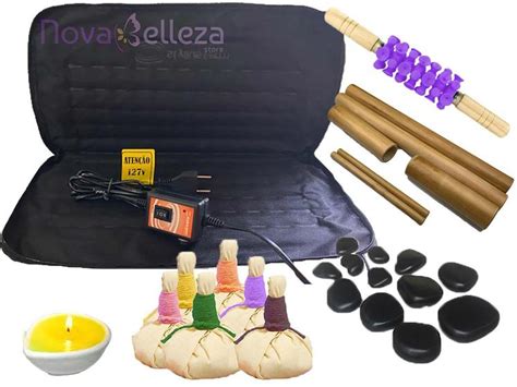 Kit Para Massagem Pedras Quentes Bambus Pindas Rolo Turbinado