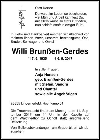 Traueranzeigen Von Willi Brun En Gerdes Nordwest Trauer De