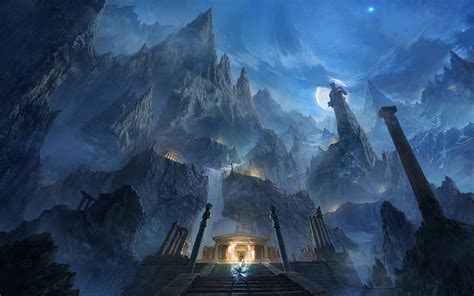 mountains, Night, Moon, Fight, Rocks, Fantasy, Art, Magic, Temples, Saint, Seiya, Anime, Manga ...