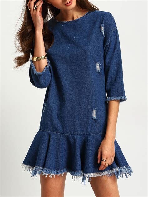 Blue Ripped Frayed Ruffle Drop Waist Denim Dress Shein Sheinside