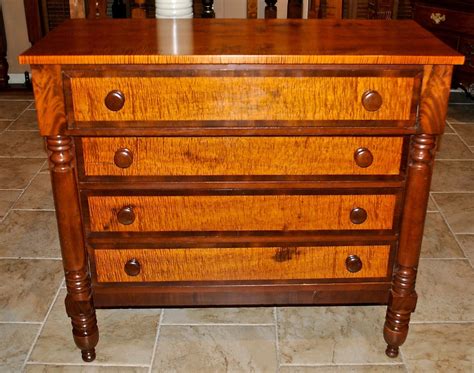 Early American 4 Drawer Chest In Tiger Maple Cherry And Flamed Mahogany