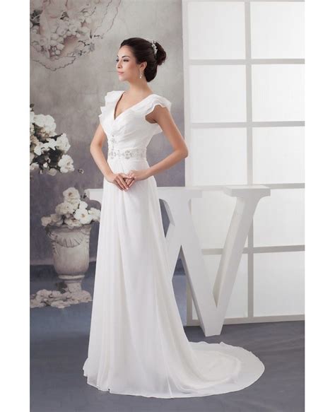 A Line V Neck Sweep Train Chiffon Wedding Dress With Beading Op4794 1652