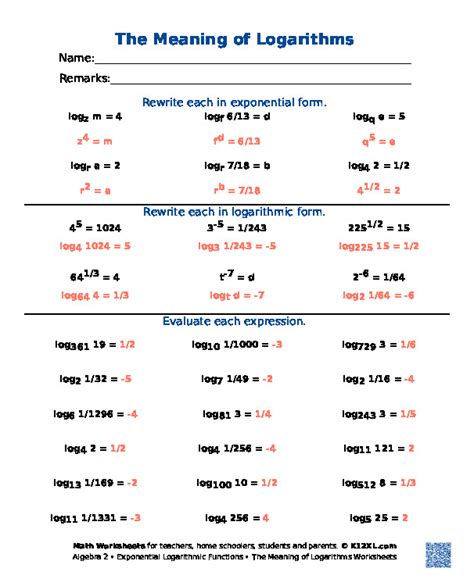 The Meaning Of Logarithms Worksheet