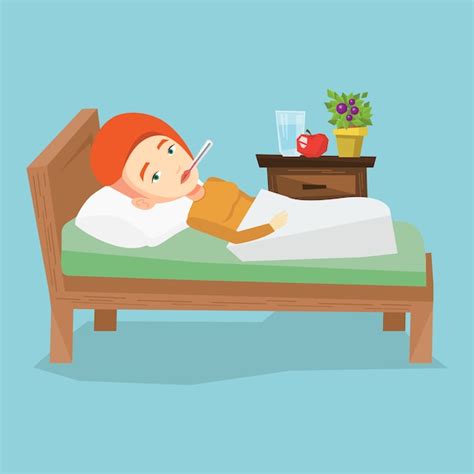 Premium Vector Sick Woman With Thermometer Laying In Bed