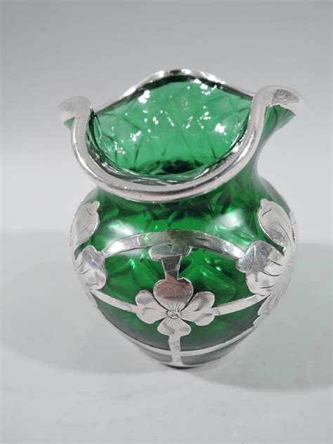 Art Nouveau Green Quilted Glass Silver Overlay Bud Vase By Historic Loetz At 1stdibs