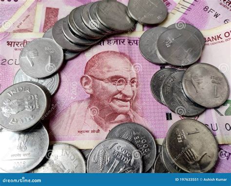 Indian Currency 2000 Rupees Note, Mahatma Gandhi in Center with Coins Around Stock Image - Image ...