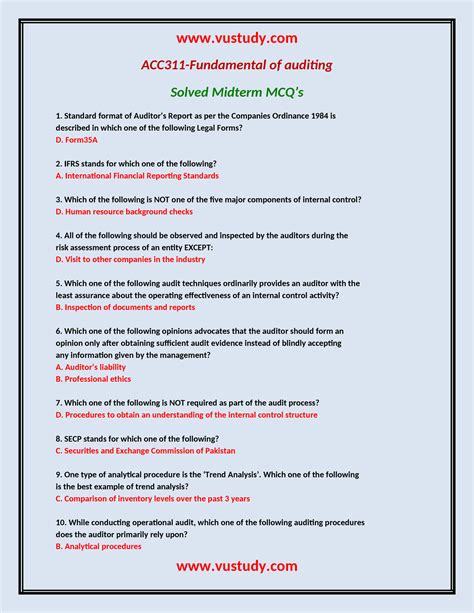 Acc311 Fundamentals Of Auditing Solved Mcqs Acc311 Fundamental Of