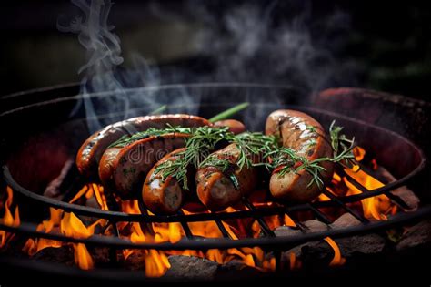 Sausages On BBQ Grill Grid Grilled Food With Herbs And Spices Fire