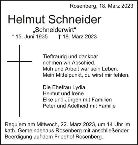 Traueranzeigen Von Helmut Schneider Schwaebische De Trauerportal