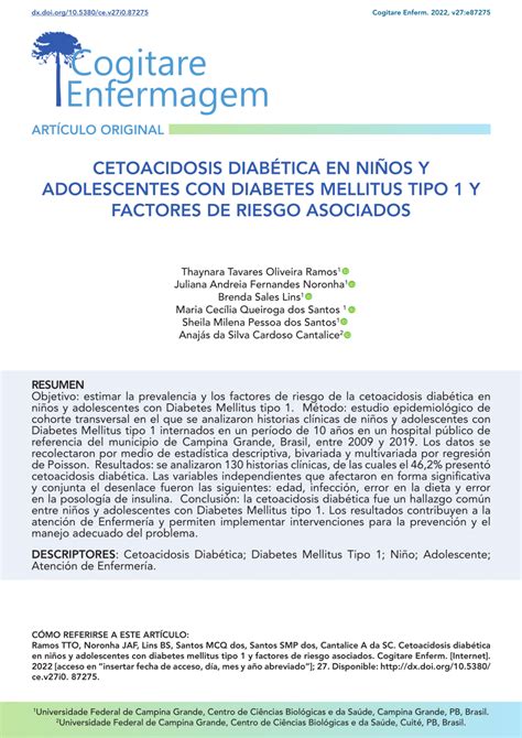 Pdf Cetoacidosis Diab Tica En Ni Os Y Adolescentes Con Diabetes