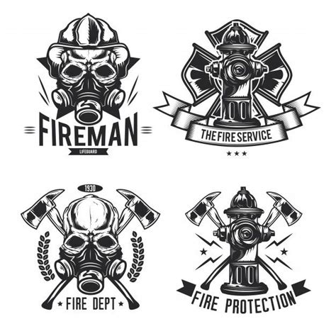 Free Vector Vintage Monochrome Firefighting Labels Set In Fire