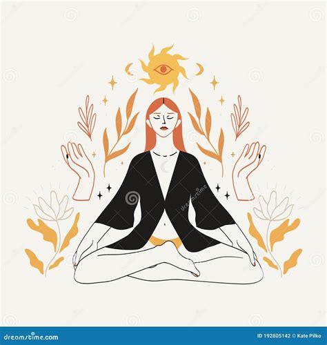 Meditating Woman Sitting In Lotus Pose In Boho Style With Celestial