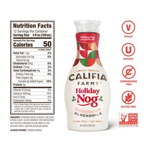 Califia Farms Dairy Free Holiday Nog Almond Milk 48 Fl Oz Kroger