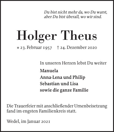 Traueranzeigen Von Holger Theus Sh Z Trauer